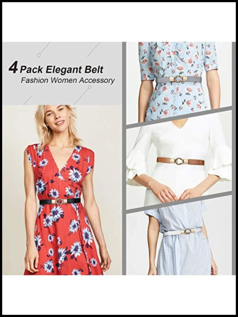 Stretch Skinny Belt with Gold Buckle Set of 4 for Dresses